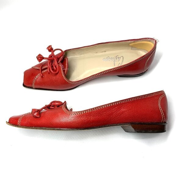 Castaner Square Toe Block Heel Flats With Ties - Red Leather, Size EU 37/US 6.5 - Picture 7 of 12